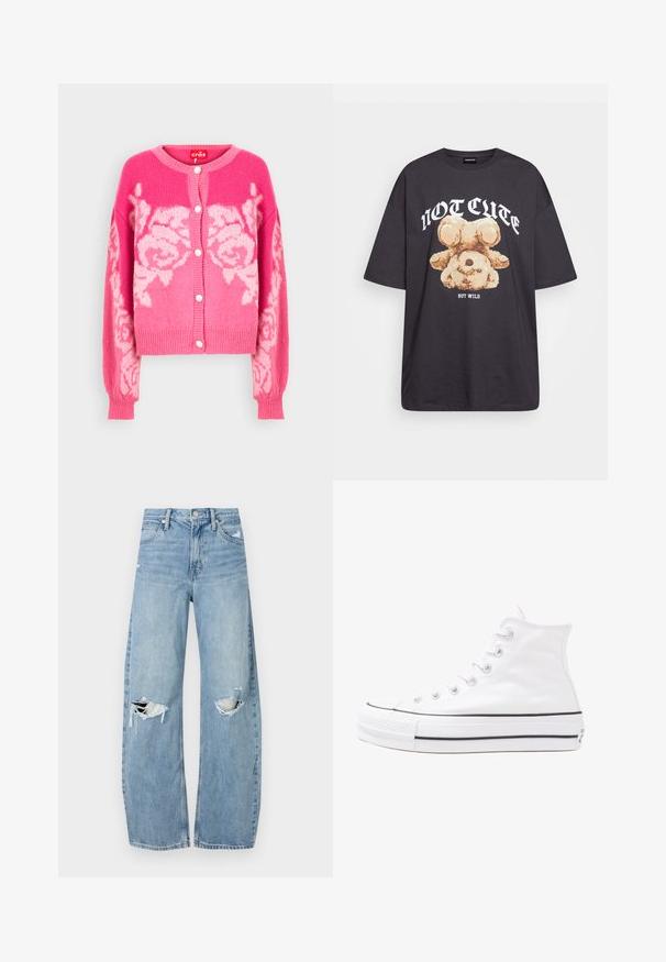 Cras ROSE CARDIGAN - Casaco de malha - pink; T-shirt oversized preto com uma gráfica de um urso e o texto "NÃO FOFO, MAS SELVAGEM" em letras brancas e em negrito. Material em algodão.; Jeans de lavagem clara, de cintura alta, feitos de denim. Apresentam pernas largas, duas áreas rasgadas nos joelhos e o estilo clássico de cinco bolsos.; Sapatilha alta de tela branca com sola de borracha preta, bico de borracha na frente e seis ilhós para os atacadores, apresentando um design limpo e minimalista.