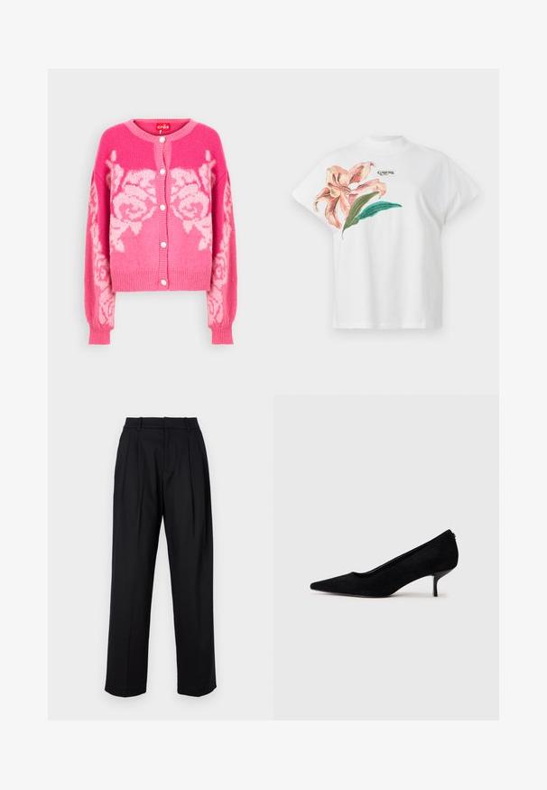 Cras ROSE CARDIGAN - Adīta jaka - pink; Balta kokvilnas T-kreklu ar īsām piedurknēm, kurā kreisajā pusē ir rozā ziedu raksts un zaļas lapas. Virs raksta ir pelēks "Guess" logo.; Melni bikses ar izsmalcinātu dizainu, kurām ir augsta josta, izgriezumi un taisnas kājas griezums. Izgatavotas no gludas auduma vienkrāsainā dizainā.; Melnas zamšādas augstpapēžu kurpes ar vienu punktētu purngalu un šauru, zemu papēdi. Gluda tekstūra ar elegantu dizainu, bez redzamiem aksesuāriem.