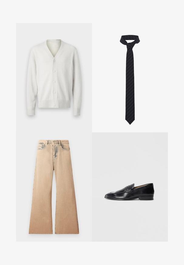 Balta megzta kardiganas su V formos iškirpte, šešiais sagų užsegimais, raštuotais rankogaliais ir apatine dalimi. Minkšta tekstūra, paprastas dizainas ir lengvas audinys.; Balti ilgomis rankovėmis marškiniai iš tekstūruoto audinio, su klasikinio tipo apykakle, mygtukų užsegimu ir tiesia apatine dalimi, turintys laisvą siluetą.; Šviesiai rudos plačių kojų džinsai su išblukusia tekstūra, penkių kišenių dizainu ir siuvinėtais ornamentais prie siūlių. Juosmuo turi tradicinį mygtuko užsegimą.; Juodas odinis loaferis su lygiu paviršiumi, pailgu nosimi ir subtiliais siuvimo detalėmis. Yra plokščias kulnas ir įspaustas logotipas šone.; Juodas kaklaraištis su įstrižomis mėlynomis juostelėmis, pagamintas iš lygios medžiagos. Turi siaurėjantį galą ir surištą kilpą viršuje.