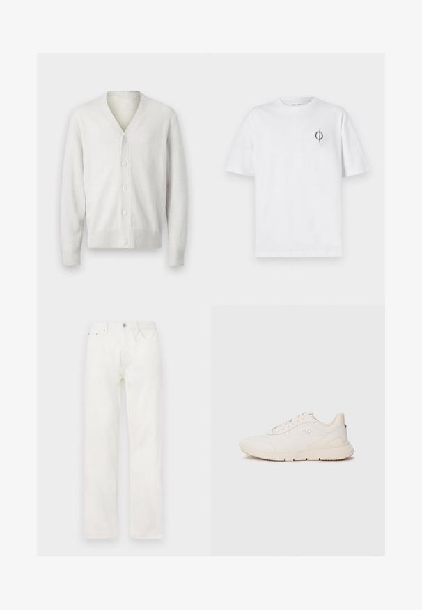 Balta megzta kardiganas su V formos iškirpte, šešiais sagų užsegimais, raštuotais rankogaliais ir apatine dalimi. Minkšta tekstūra, paprastas dizainas ir lengvas audinys.; Balta medvilninė marškinė su laisvu siluetu, su mažą juodą grafiką logotipą kairėje krūtinės pusėje. Trumpomis rankovėmis, apvaliu kaklu.; Baltos džinsinės kelnės su tiesiu kojų siluetu, užsegimu su mygtuku ir užtrauktuku, penkių kišenių dizainu ir be matomų raštų ar akcentų.; Baltos sportinės kedės, pagamintos iš tekstūruoto medžiagos, su lygiu padu, raišteliais priekyje ir subtiliu prekių ženklu ant kulno. Minimalistinis dizainas.