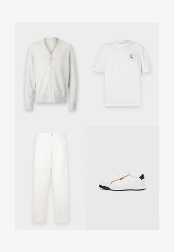 Cardigã branco tricotado com decote em V, fechamento frontal com seis botões, punhos e barra canelados. Textura suave, design simples e material leve.; Camisa de algodão branca com um corte relaxado, apresentando um pequeno logótipo gráfico preto na área do peito esquerdo. Mangas curtas, estilo de gola redonda.; Calças brancas feitas de um tecido suave, com um design de perna reta, pregas frontais e um fecho de botão único na cintura.; Tênis atléticos brancos com detalhes em malha e couro. Apresenta um logotipo dourado "BOSS", painéis laterais texturizados e um capô de calcanhar preto. Sola em borracha.