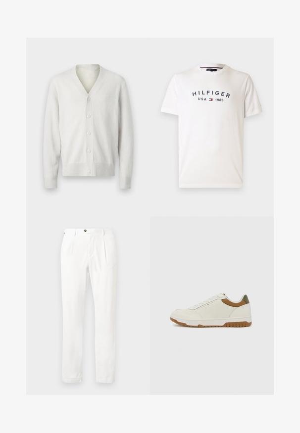 White knitted cardigan with a v-neck, six button front closure, ribbed cuffs, and hem. Soft texture, simple design, and lightweight material.; White cotton t-shirt featuring a round neck, short sleeves, and a central logo reading "HILFIGER USA 1985" in navy blue with a red and blue emblem.; White trousers with a flat front, two pleats, and a button closure. Made of light fabric, featuring straight legs and rolled cuffs.; Tommy Hilfiger BASKET CORE - Trainers - ecru/army green