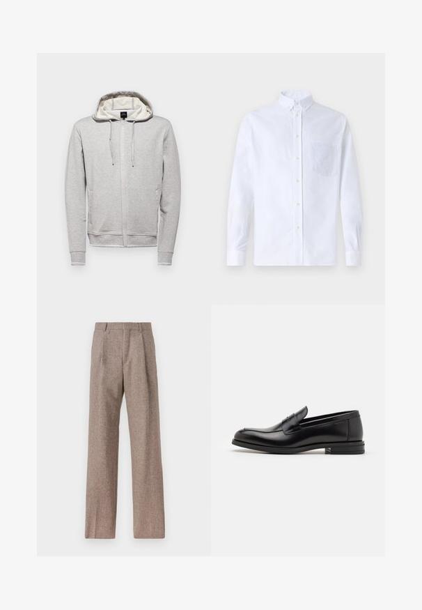 Grå sweatshirt med dragkedja framtill, dragsko huva, långa ärmar och sidfickor. Har en kontrasterande innerfoder och logodetalj.; Vit långärmad skjorta med knappar, tillverkad av bomull, med en bröstficka med ton-i-ton broderi, krage och knappmanchetter.; Bruna, högmidjade byxor i texturerat tyg. Har vida ben och två framvikningar för struktur. Välavslutad utan synlig hårdvara.; Svarta läderloafers med en slät yta, rund tå och ett dekorativt band över främre delen. Låg staplad klack, minimalistisk design.