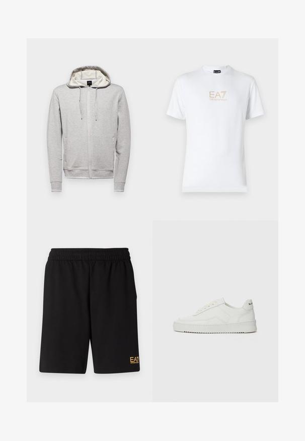 Γκρίζα φούτερ με φερμουάρ μπροστά, κουκούλα με κορδόνι, μακριά μανίκια και πλαϊνές τσέπες. Διαθέτει αντίθετη εσωτερική επένδυση και λεπτομέρεια λογότυπου.; Λευκό βαμβακερό t-shirt με στρογγυλή λαιμόκοψη και κοντά μανίκια, με χρυσό λογότυπο EA7 Emporio Armani τυπωμένο μπροστά.; Μαύρες αθλητικές βερμούδες από μαλακό ύφασμα, με ελαστική μέση και μικρό λογότυπο EA7 στο κάτω αριστερό πόδι.; Λευκό δερμάτινο sneakers με λείο φινίρισμα, στρογγυλή μύτη, επίπεδα κορδόνια και υφή στην σόλα. Φέρει μια διακριτική λογότυπο στη φτέρνα.