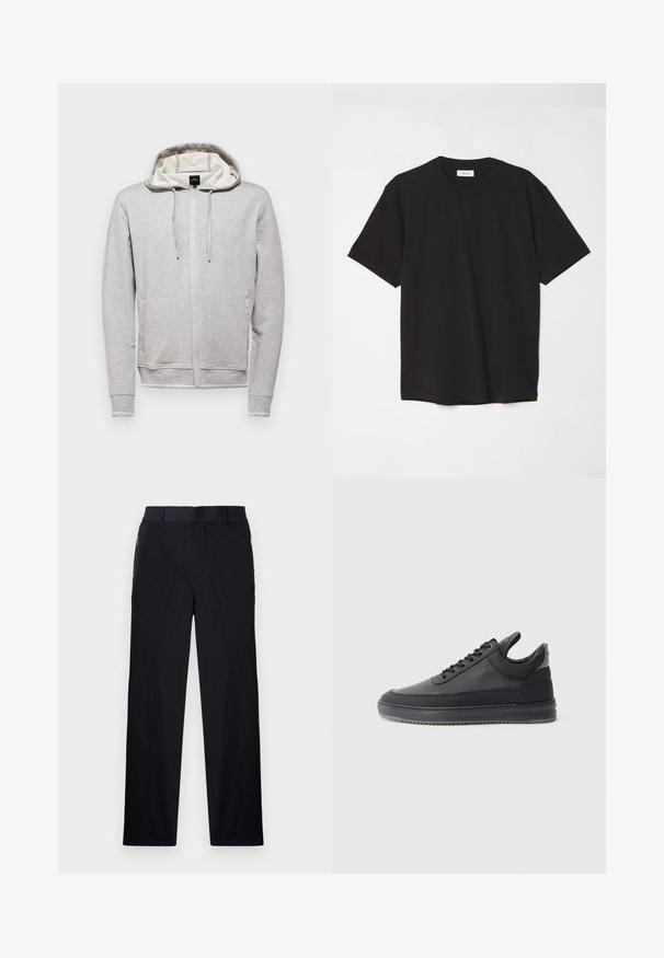 Szürke kapucnis pulóver, elöl cipzárral, húzózsinórral, hosszú ujjakkal és oldalsó zsebekkel. Kontrasztos belső béléssel és logó részlettel rendelkezik.; Fekete pamut póló kerek nyakkal, rövid ujjakkal és laza szabással. Egyszerű dizájn, sima textúra, látható minták vagy logók nélkül.; Fekete nadrág könnyű, textúrált anyagból, egyenes szárú kialakítással, rugalmas derékpánttal és oldalsó cipzáras zsebekkel.; Fekete bőr sportcipő, textúrázott felülettel, fűzős dizájnnal, alacsony szárú kivitelben, szürke gumi talppal, mely bordázott peremmel rendelkezik.