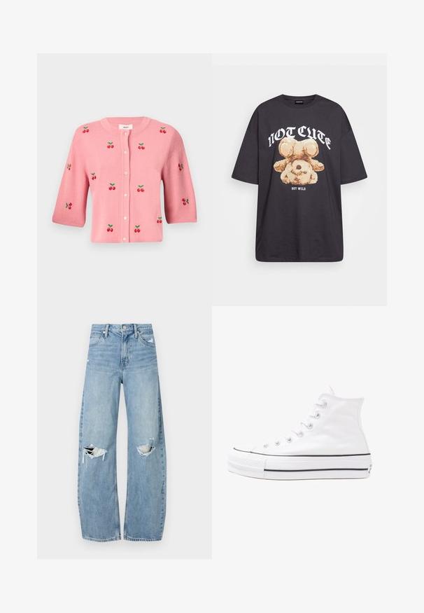 Object OBJTHESS SLEEVE CARDIGAN - Cardigan - rose elegance; Tricou oversized negru featuring un grafic cu un urs și textul „NU E DRĂGUȚ DAR SUNT SĂLBATIC” în litere albe, îndrăznețe. Material din bumbac.; Jeans de denim, de un bleu deschis, cu talie înaltă. Au picioare late, două zone rupte la genunchi și un stil clasic cu cinci buzunare.; Adidași albi tip pantofi sport cu glezna din pânză, cu talpă din cauciuc negru, capac de vârf din cauciuc frontal și șase ochiuri pentru șireturi, având un design curat și minimalist.