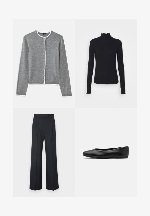 Cardigan grigio con bordi bianchi, caratterizzato da bottoni rotondi, motivo leggero e tessuto testurizzato, e maniche lunghe, realizzato in un morbido materiale a maglia.; Maglione nero a maniche lunghe con colletto a dolcevita realizzato in tessuto morbido, caratterizzato da un collo arricciato e una silhouette aderente con bordi semplici.; Pantaloni a righe blu scuro con vita alta, design a gamba larga e senza hardware o decorazioni visibili. Tessuto liscio e vestibilità sartoriale.; Paul Smith TOPANGA - Ballerine - black