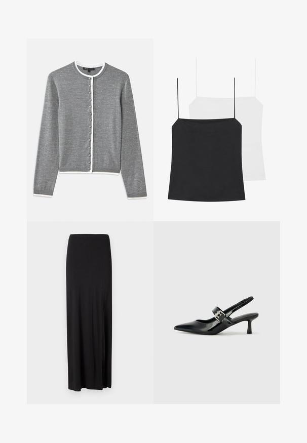 Cardigan gri cu detalii albe, având nasturi rotunzi, un model texturat ușor și mâneci lungi, realizat dintr-un material tricotat moale.; Două tops-uri de cămașă sunt prezentate: unul negru și unul alb. Ambele au bretele subțiri și un design ajustat realizat dintr-un material neted și elastic.; Fustă maxi neagră, fabricată dintr-un material moale și elastic. Dispune de o fanta pe lateral și un design simplu, fluid, fără embellishments.; Sandale cu toc din piele patent neagră, cu vârful ascuțit și un toc mic bloc, având un accent cu cataramă argintie pe curea.