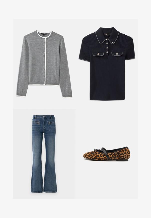 Pelēks kardigans ar baltu apdari, aprīkots ar apaļiem pogām, ar vieglu faktūru un garām piedurknēm, izgatavots no mīkstas dzijas.; Jūras spēku ribots polo krekls ar norādītu apkakli, īsām piedurknēm un divām priekšējām kabatām ar pogām; uzsvērts ar baltām šuvēm.; Izliekta zila džinsa bikses ar vidēju jostasvietu, ar priekšējām un aizmugurējām kabatām un vieglu izbalējušu toņu.; Leoparda raksta baleta kurpes ar melniem akcentiem, ar noapaļu purngalu, līdzenu zoli un dekoratīvu loku priekšā. Mīksta tekstūra.