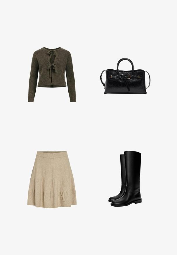 Object OBJPARVI NOOS - Strickjacke - morel; Schwarzes Kurzarm-T-Shirt aus glattem Baumwollmaterial mit rundem Halsausschnitt und taillierter Form. Keine sichtbaren Muster oder Akzente.; Ein kurzer, beigefarbener Rock aus einem weichen, strukturierten Stoff mit einem gerippten Bund und leichtem Faltenwurf nahe dem Saum.; Schwarze knielange Lederstiefel mit glatter Textur, runder Zehenform, flacher Sohle und minimalistischem Design, mit genähten Nähten und ohne sichtbare Beschläge.; Schwarze Lederhandtasche mit strukturiertem Finish, strukturiertem Design, doppelten Griffen und abnehmbarem Schultergurt. Akzente aus goldfarbenem Metall.