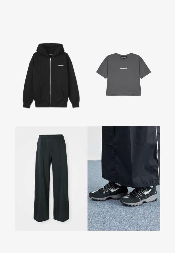 Svart hettegenser med glidelås laget av bomull, med en frontlomme, ribbestrikkede mansjetter og hette med snor. Inkluderer "PEGADOR"-logo på brystet.; Grå bomull t-skjorte med korte ermer og rund hals. Har en hvit "PEGADOR"-logo trykt på brystet. Enkel, avslappet design.; Sorte, vide treningsbukser med elastisk midje. Laget av glatt, elastisk stoff, med subtile front sømmar og utan lommer.; Svarte treningssko med teksturert overdel, sølv detaljer og mønstrete såle, sammen med et svart langt plagg. Plassert på et blått teppe.