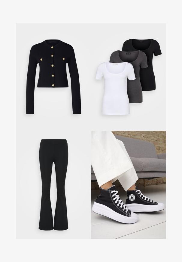 Vero Moda Tall VMSABA SHORT BUTTON - Cardigan - black; Three fitted T-shirts in white, gray, and black. Each features a wide scoop neckline and short sleeves. Made from smooth, stretchy fabric.; Black flared pants made of stretchy fabric, featuring a high waistband and a smooth texture. The pants flare out from the knee.; Converse CHUCK TAYLOR ALL STAR MOVE - High-top trainers - black/natural ivory/white