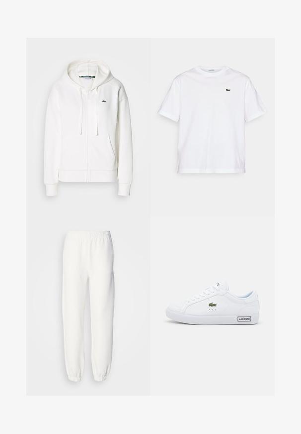 Balts zip-up kapuci džemperis, izgatavots no mīkstas auduma, ar kapuci, kangoru kabatām un mazu zaļu Lacoste logotipu kreisajā krūtī.; Balta kokvilnas T-kreklu ar apaļu kakla izgriezumu un īsām piedurknēm. Uz krūtīm ir zaļš izšūts logotips. Mīksta tekstūra, brīvi pieguļošs fasona.; Baltās sporta bikses, kas izgatavotas no mīksta adīta auduma. Elastīga josta un piedurknes nodrošina brīvu piegriezumu. Minimālistisks dizains, bez redzamām rakstu vai akcentu detaļām.; Baltas Lacoste kedus ar teksturētu ādas virsmu, plakaniem šņorēm, zaļu krokodila logotipu un melnu "LACOSTE" birku uz papēža.