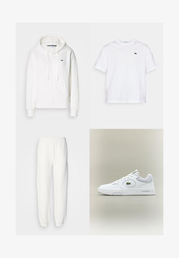 White zip-up hoodie made of soft fabric, featuring a hood, kangaroo pockets, and a small green Lacoste logo on the left chest.; White cotton T-shirt with a round neckline and short sleeves. Features a green embroidered logo on the chest. Soft texture, relaxed fit.; White sweatpants made of soft, knitted fabric. Elastic waistband and cuffs provide a relaxed fit. Minimalist design, no visible patterns or accents.; White leather sneaker with mesh accents, round toe, and flat laces. Features a green crocodile logo and "LACOSTE" branding on the heel.