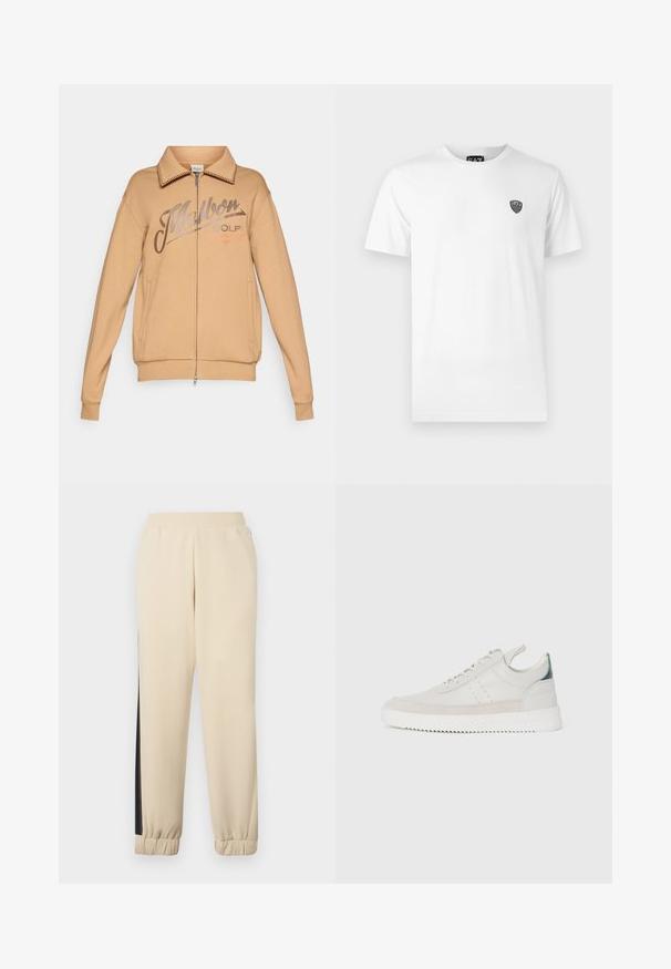 Béžová mikina so zipsom vpredu, rebrovaným golierom a manžetami. Obsahuje potlačené logo "Malbon GOLF" a dve bočné vrecká.; Biela bavlnená tričko s krátkymi rukávmi, s malým čiernym logom na ľavej hrudi. Klasický dizajn s okrúhlym výstrihom.; Krémové teplákové nohavice s čiernymi bočnými pruhmi, elastickým pásom a rebrovanými manžetami. Mäkka látka s voľným strihom.; Biele kožené tenisky s šedými semišovými akcentmi, viazanie, pútko na päte a textúrovaná gumová podrážka s cik-cak vzorom.