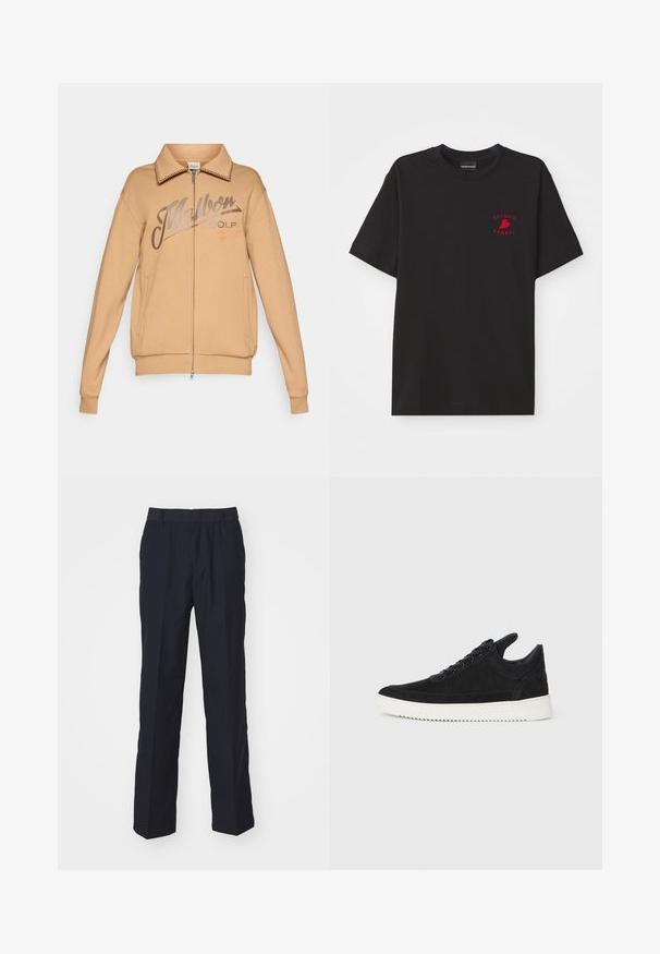 Sweatshirt bege com fecho na parte da frente, gola e punhos canelados. Apresenta um logótipo impresso "Malbon GOLF" e dois bolsos laterais.; T-shirt preta de algodão com decote redondo e mangas curtas; apresenta o logótipo vermelho bordado "Emporio Armani" e um coração na área do peito.; Calças azul marinho feitas de um tecido leve, com um design de perna reta, cintura elástica e sem bolsos ou padrões visíveis.; Sapatilha de camurça preta com sola de borracha branca, apresentando costuras tonais e um design com atacadores. Textura suave com uma forma moderna e simplificada.