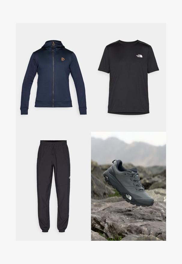 Didriksons ACKE FULLZIP - Felpa con zip - dark night blue; T-shirt nero a maniche corte realizzata in tessuto leggero. Presenta un piccolo logo bianco sul lato sinistro del petto e delicati dettagli sulle spalle.; Pantaloni sportivi neri realizzati in tessuto leggero, con vita regolabile con cordino, tasche laterali e orli affusolati alle caviglie.; Scarpa da trail running grigia con tomaia testurizzata, suola in gomma resistente e punta rinforzata. Presenta lacci e logo del marchio sul lato.