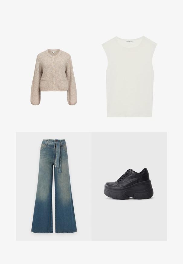 Šviesiai rudas trumpas kardiganas, pagamintas iš minkštos, tekstūruotos medžiagos. turi apvalų iškirpimą, ilgomis rankovėmis ir penkiomis auksinėmis sagomis priekyje.; Balta be rankovių palaidinė su apvaliu kaklu. Pagaminta iš lygios medžiagos, ji turi laisvą siluetą ir minimalistinį dizainą. Be raštų ar akcentų.; Platus džinsinis kelnes su šviesiai tamsiai mėlynu gradientu, aukštu juosmeniu, diržo kilpomis ir atitinkančiu audinio diržu. Textūruotas džinsinis paviršius.; Juodi lakuoti sportbačiai su masyviu padu, turintys sklandų odinį viršų, suapvalintą pirštą ir išskirtinį sluoksniuotą platformos dizainą.