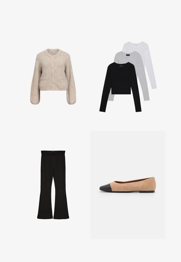 Beige cropped cardigan lavet af blødt, tekstureret stof. Har en rund halsudskæring, lange ærmer og fem guldknapper fortil.; Tre langærmede toppe stablet: sort, grå og hvid. Hver har en rund halsudskæring og et cropped design med glat, let stof.; Sorte flared leggings lavet af strækbart stof. Har en bred talje og en glat tekstur, med en tætsiddende silhuet der bredder sig ved sømmen.; Beige ruskind balletflade med en sort læder rund tåkap, lav hæl og glat tekstur, der har minimal syning og et enkelt design.