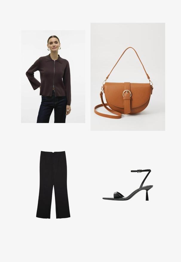 Vero Moda VMHANNA - Cardigan - chocolate torte; Top corto grigio scuro con scollatura a barca. Realizzato in tessuto a costine, presenta una vestibilità rilassata e un orlo pulito. Design semplice, senza motivi.; Pantaloni neri a gamba dritta, con tasche frontali e spacchi laterali all'orlo. Realizzati in tessuto morbido e liscio. Adatti a diverse occasioni.; Bershka Sandali con tacco - black; Borsa a tracolla in pelle marrone con forma curvata, hardware dorato e un dettaglio con fibbia. Presenta una tracolla rimovibile.