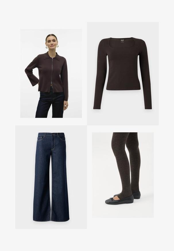 Vero Moda VMHANNA - Vesta na kopčanje - chocolate torte; Crna majica dugih rukava, uskog kroja s kvadratnim izrezom, označena s GAP, prikazana na bijeloj pozadini.; Široke traperice u tamnoplavoj denim boji. Sadrže kontrastno šivanje, pet džepova i kopčanje na dugme u struku. Glatka tekstura.; Crne ravne cipele s malim mašnom na vrhu prstiju, uparene s tamnosmešnim rebrovanim čarapama. Cipele imaju glatku teksturu i nizak profil.