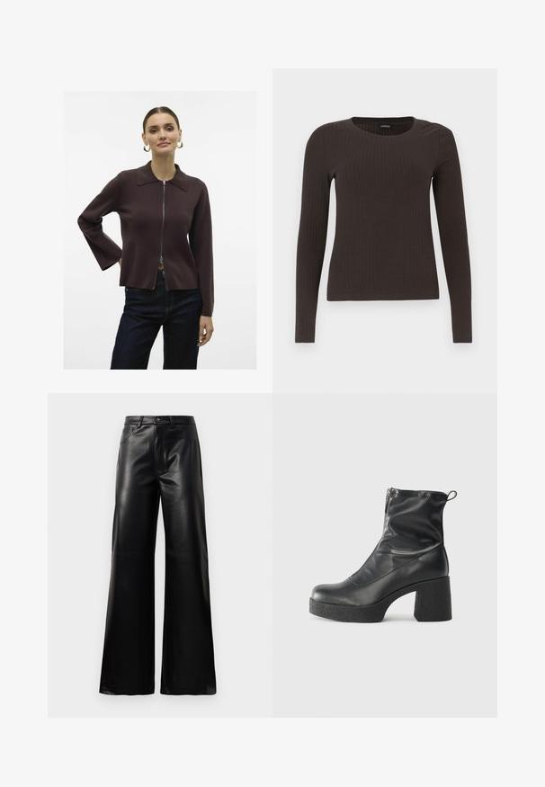 Vero Moda VMHANNA - Cardigan - chocolate torte; Brun langærmet ribbet top med rund halsudskæring. Fremstillet af et glat, strækbart materiale, med en tætsiddende silhuet og minimalistiske detaljer.; Sorte high-waisted bukser i bred ben i imiteret læder med forreste knap, lynlås, bæltestropper og sidelommer på hvid baggrund.; Sorte ankelstøvler lavet af glat læder, med en sidelukning, kraftig struktureret hæl og rundt tådesign.