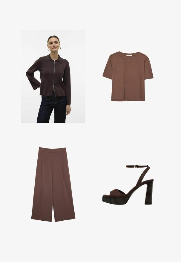 Vero Moda VMHANNA  - Kardigan - chocolate torte; Hnědé tričko s krátkým rukávem vyrobené z měkké látky, s kulatým výstřihem a volným střihem. Bez viditelných vzorů nebo dekorací.; Hnědé široké kalhoty s hladkou texturou, vysokým pasem a předními záhyby. Materiál je lehký a volně splývá.; Hnědé semišové sandály na vysokém podpatku s otevřenou špičkou, nastavitelným páskem kolem kotníku a proužkovou platformou.