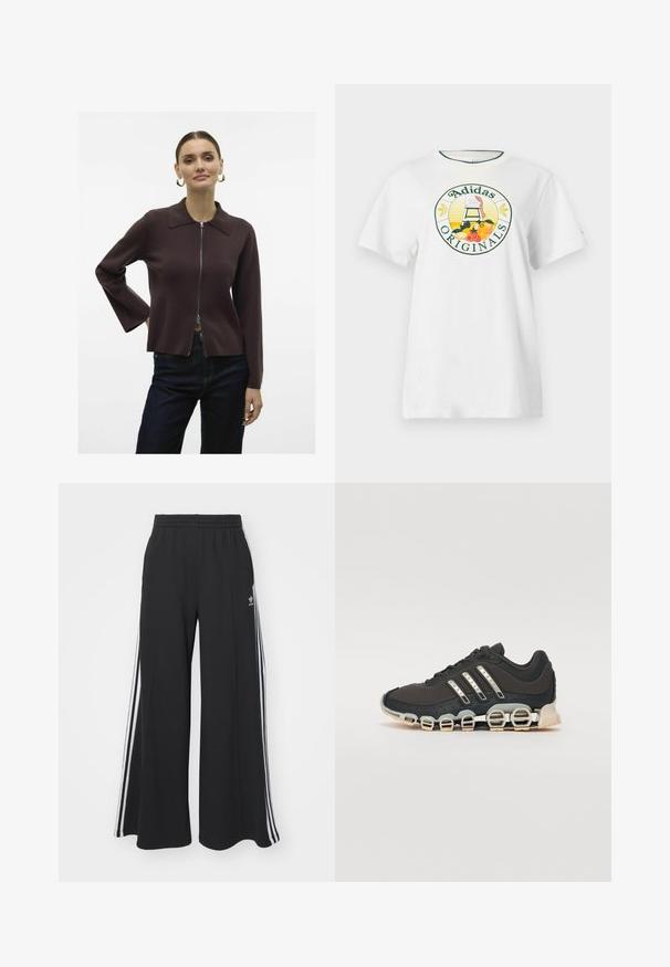 Vero Moda VMHANNA - Kardiganas - chocolate torte; Balta medvilnė marškinėliai trumpomis rankovėmis, su apvaliu grafiniu logotipu žaliai ir geltonai, kuriame yra užrašas "Adidas Originals" ir vaisių dizainai.; Juodos plačios kojų džinsinės kelnės su elastingu juosmeniu, turinčios baltas šonines juosteles ir išsiuvinėtą logotipą kairiajame šlaunyje.; Juodos sportinės avalynės su tekstūruotu viršumi, trimis sidabro juostomis ir išskirtiniu amortizuojančiu padu, turinčiu kelias integruotas dalis.