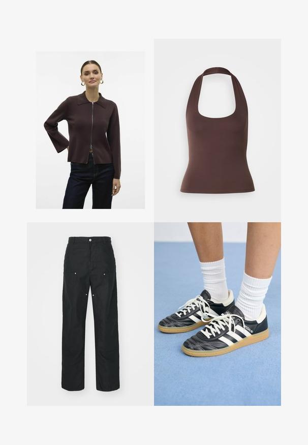 Vero Moda VMHANNA - Kardiganas - chocolate torte; Ruda, be rankovių halterio tipo bluzonė su išlenktu kaklu. Pagaminta iš lygios, elastingos medžiagos, ji turi prigludusią siluetą ir neturi matomų užsegimų.; Juodos kelnės su tiesiomis kojomis, pagamintos iš tekstūruotos medžiagos. Papuoštos dekoratyviniais sidabro detalėmis ir unikaliu siūlių apdorojimu.; Juodos odinės sportbačiai su baltais dryžiais, apvalia nosimi, baltais raišteliais ir guminiu padu. Pabrėžti paminkštinta apykakle ir prekių ženklų detalėmis.