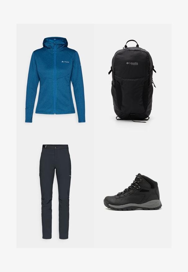 Jaqueta azul com fecho éclair, apresentando um padrão hexagonal texturizado, capuz ajustável e mangas ajustadas. Possui um fecho frontal e detalhes com logotipo.; T-shirt preto da Columbia com arte em linha branca circular representando montanhas e rios, e o texto "Columbia Sportswear Company Outside Since 1938."; Calças de exterior para homens, cinza escuro, feitas de material flexível, com cinto, bolsos com fecho éclair e costuras reforçadas.; Bota de caminhada preta com design de cano médio, apresentando um upper texturizado, detalhes cinzentos e sola de borracha durável com cravos de tração.; Mochila Black Columbia Titanium com uma textura de tecido suave, bolsos laterais, pega superior e alças ajustáveis. Design minimalista com uma marcação subtil.