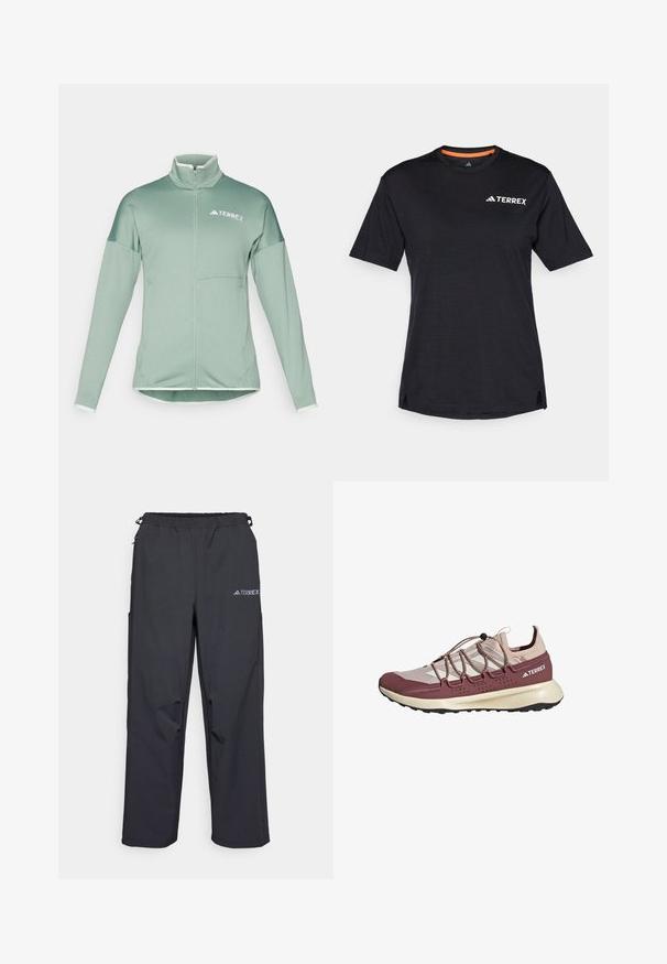 Gaiši zaļš Terrex apmales jaka ar augstu apkakli, garām piedurknēm un baltām akcentēm. Iezīmējas ar smalku tekstūru un priekšējo rāvējslēdzēju.; Melns īsām piedurknēm T-krekls ar apaļu dekoltē, ar smalku heather tekstūru un baltu "TERREX" logo augšējā kreisajā pusē.; Melnas, vieglas āra bikses ar elasticu jostu, sānu kabatām un logo augšējā labajā kājā. Gluda, ūdensizturīga auduma.; Bordo un bēšā sporta apavi ar sieta augšpusi, elastīgām auklām un teksturētu zoli, ar zemu profilu un mīkstinātu starpzoli.