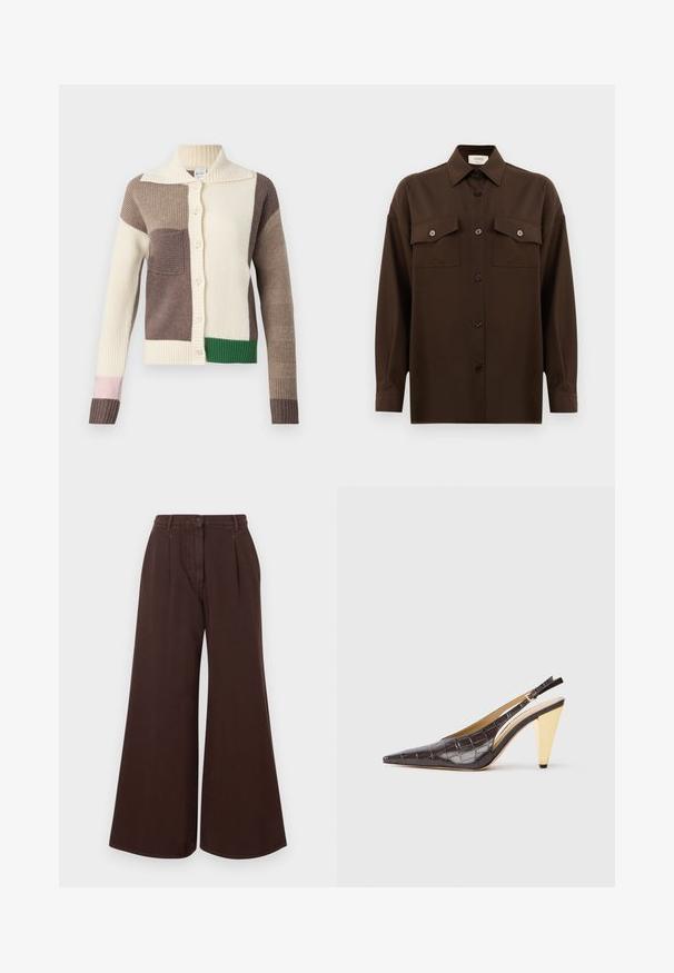 Pleteni kardigan s ovratnikom, ki ima večbarvne obliže v kremni, rjavi, zeleni in roza barvi. Žameten videz in zapiranje na gumbe.; Temno rjav srajca z dolgimi rokavi na gumbe, z dvema žepoma na prsih in klasičnim ovratnikom, prikazana na enotni beli podlagi.; Svetle rjave hlače širokega kroja z visokim pasom, z zaponko in zadrgo, z zankami za pas in sprednjimi gubami.; Slingback peto s koničastim nosom, v temno rjavi sijoči umetni krokodilji usnjeni različici. Ima zlate geometrijske pete in nastavljiv ankel trak.