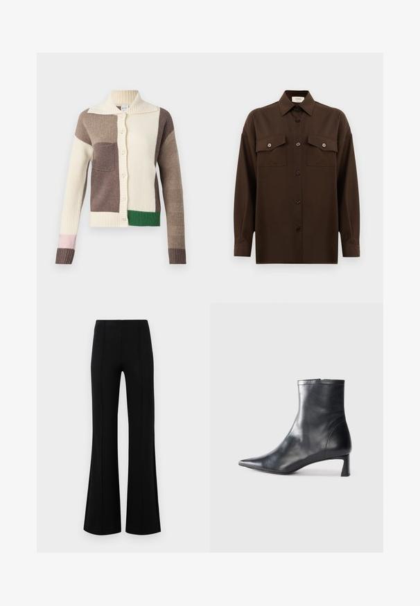 Adīta veste ar apkakles kakla izgriezumu, kurai ir daudzkrāsaini pleķi krēmkrāsā, brūnā, zaļā un rozā krāsā. Ribiem tekstūra un pogu aizdare.; Tumši brūns garām piedurknēm pogājams krekls ar diviem kabatām uz krūtīm un klasisku apkakli, attēlots uz vienkārša baltā fona.; Melnas platas bikses ar augsto jostasvietu, izgatavotas no elastīga auduma. Satur vertikālas šuvju detaļas priekšpusē un gludu tekstūru.; Melnas ādas potītes zābaki ar norādītu pirkstu un elegantu dizainu. Iezīmē zemu papēdi un rāvējslēdzēja aizdari aizmugurē. Gluda tekstūra.