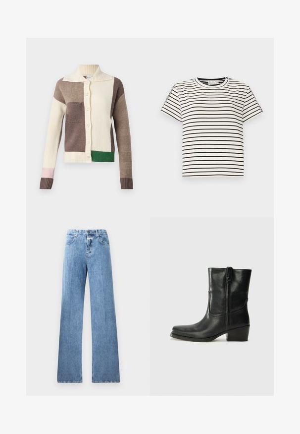 Pletený kardigan s límcem, zdobený barevnými nášivkami v krémové, hnědé, zelené a růžové barvě. Hladký žebrovaný vzor a zapínání na knoflíky.; Bavlněné tričko s krátkým rukávem a kulatým výstřihem, s černými vertikálními pruhy na bílém pozadí a s rovného střihu.; Světle modré džíny s širokým střihem, pěti kapsami, poutky na opasek a zapínáním na knoflík. Látka má hladkou texturu.; Černá kožená kotníková bota s kulatou špičkou, blokovým podpatkem, bočním zipem a prošíváním na svršku. Hladký povrch, klasický design.