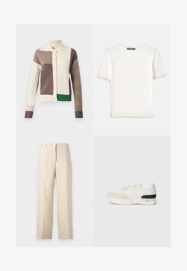 Gombos, galléros kötött kardigán, krémszínű, barna, zöld és rózsaszínű, multiszínű foltokkal. Bordás textúra.; Fehér, rövid ujjú kötött felső, kerek nyakkivágással, sima textúrával és diszkrét bordázott részletekkel az ujjain és az alján.; Beige len vászonnadrág laza fazonnal, plisszírozott elülső résszel és egyenes lábakkal. Jellemzője a derékpánt övhurkokkal és látható zsebek nélkül.; Fehér sneaker, amelynek texturált velúr orrkáva van, sima hálós felsőrésze, díszcsipkéje, valamint fekete gumi sarok kiemelése.