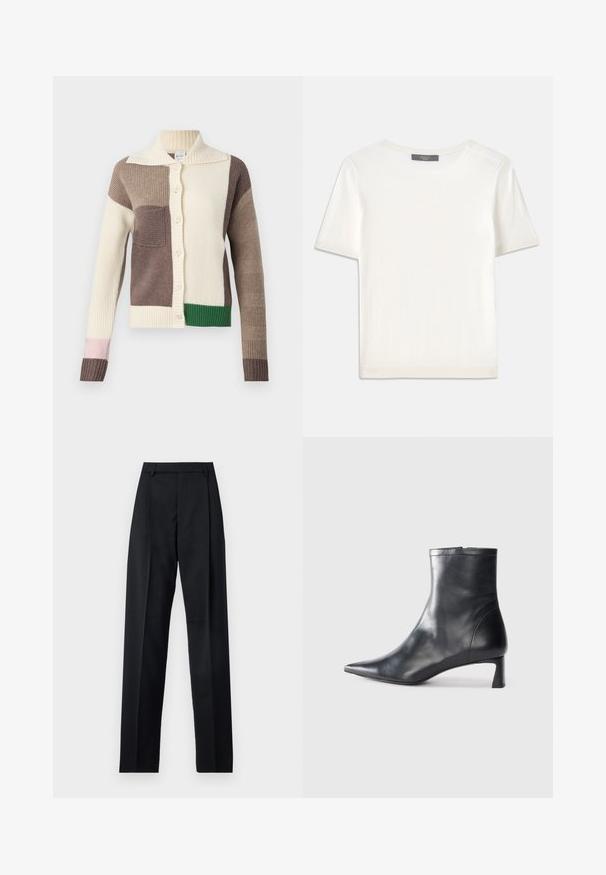 Cardigan tricoté avec un col, arborant des patchs multicolores en crème, marron, vert et rose. Texture côtelée et fermeture à boutons.; Haut tricot blanc à manches courtes avec un col rond, présentant une texture lisse et des accents côtelés subtils aux manches et à l'ourlet.; Pantalon noir en tissu lisse avec taille haute, jambes larges, plis à l'avant et passants de ceinture classiques. Pas de poches latérales visibles.; Bottine en cuir noir avec un bout pointu et un design épuré. Présente un petit talon et une fermeture éclair à l'arrière. Texture lisse.