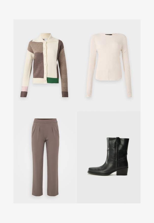 Gestrickte Strickjacke mit kragenförmigem Ausschnitt, mit mehrfarbigen Patches in Creme, Braun, Grün und Pink. Rippstruktur und Knopfverschluss.; Langärmliges, hellbeiges Oberteil mit rundem Ausschnitt. Aus weichem Stoff gefertigt, verfügt es über eine zentrale Naht und einen leicht geschwungenen Saum. Keine sichtbaren Beschläge.; Taupe-lockere Hose mit elastischem Bund und vorderen Falten, gefertigt aus glattem Stoff.; Schwarze Leder-Ankle Boots mit runder Zehenform, Blockabsatz, seitlichem Reißverschluss und gestickten Akzenten auf dem Blatt. Glatte Textur, klassisches Design.