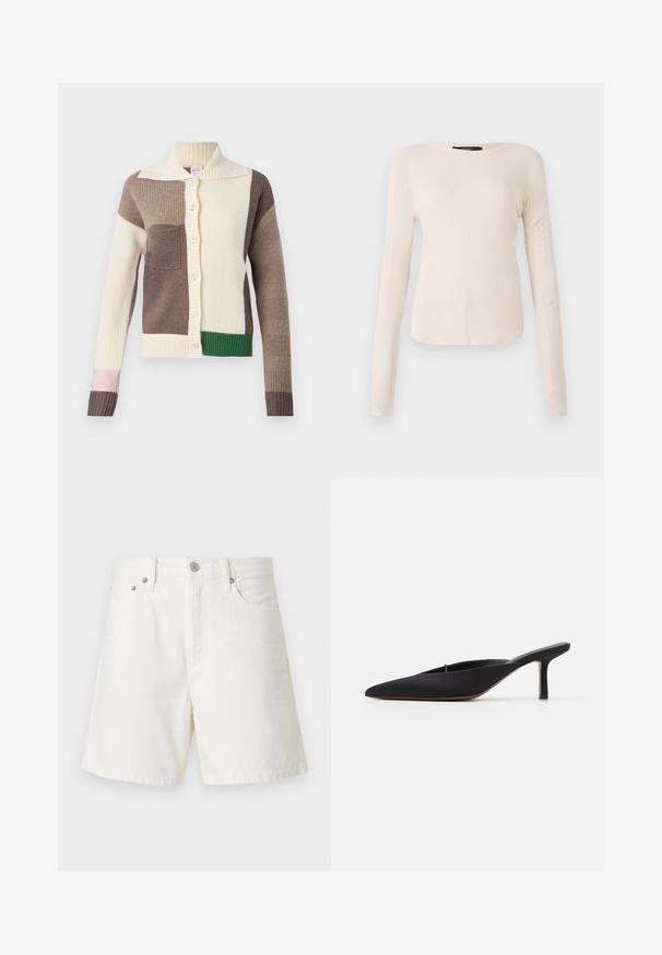 Knitted cardigan with a collared neckline, featuring multicolored patches in cream, brown, green, and pink. Ribbed texture and button closure.; Long-sleeve, light beige top with a round neckline. Made of soft fabric, features a central seam and slightly curved hem. No visible hardware.; White denim shorts with a straight cut, five-pocket design, front button closure, silver hardware, and stitched detailing.; Black pointed-toe mule with a sleek design, made of smooth fabric, featuring a slender heel and open back for easy wear.