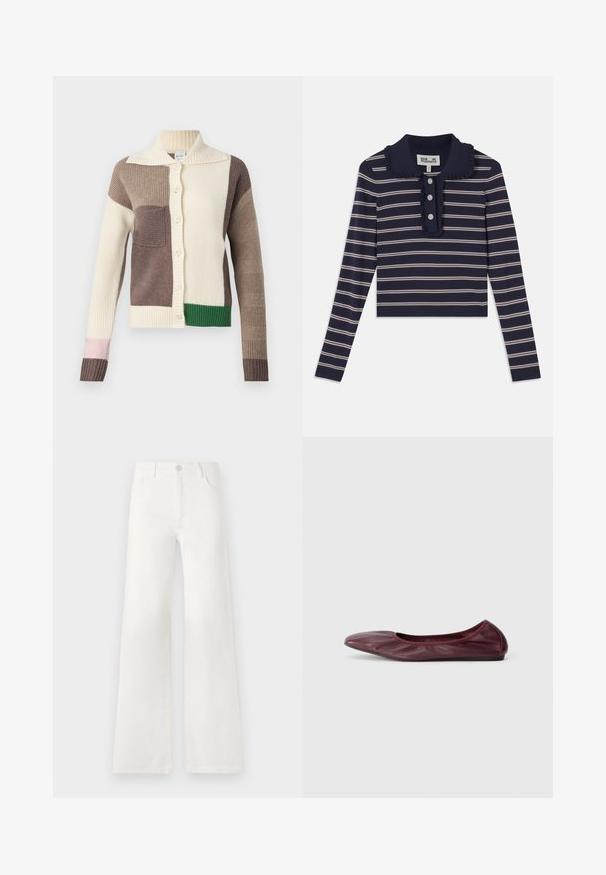 Gebreide cardigan met een kraag, voorzien van meerkleurige patches in room, bruin, groen en roze. Geribbelde textuur en knoopsluiting.; Marineblauw langarmshirt met roze horizontale strepen, geplooide kraag en drie knopen aan de voorkant; gemaakt van een zachte, rekbare stof.; Witte, hoogwaist, wijde jeans van denim. Heeft een knoopsluiting, twee voorkruiszakken en zijnaadstiksel details.; Ballet flats in diep bordeauxleer, met een rond neuspunt, elastische rand en een gladde textuur met subtiele plooidetails.