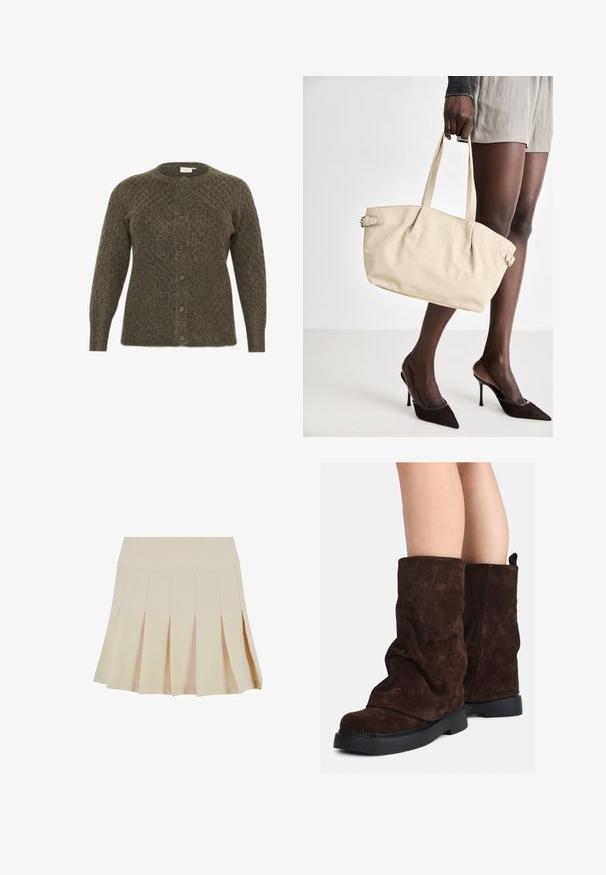 Maslena zeleni pleteni kardigan z diamantskimi vzorci, okroglenim vratnim izrezom in sprednjimi gumbi. Ima dolge rokave in strukturirano površino.; Bela bombažna majica brez rokavov z širokimi naramnicami, okroglo ovratnico in gladko, rebrasto teksturo. Brez vzorcev ali dodatkov.; Bežna plišana krila s prilagojenim pasom, izdelana iz gladkega materiala. Ima več vertikalnih gub in raven rob.; Rjave gamšaste škornje do polovice teleta z črnimi gumijastimi podplati, nošene na golih nogah, s rahlim gubanjem na zgornjem delu škornjev.; Bežna torba iz usnja z gladko površino, strukturirano obliko, dvema ročajema in stranskimi zaponkami. V paru z elegantnimi črnimi petkami.; Kremna ušesna traka s prepletenim dizajnom, uparjena s bež in belimi črtastimi majicami z okroglim izrezom. Diskretni nakit.