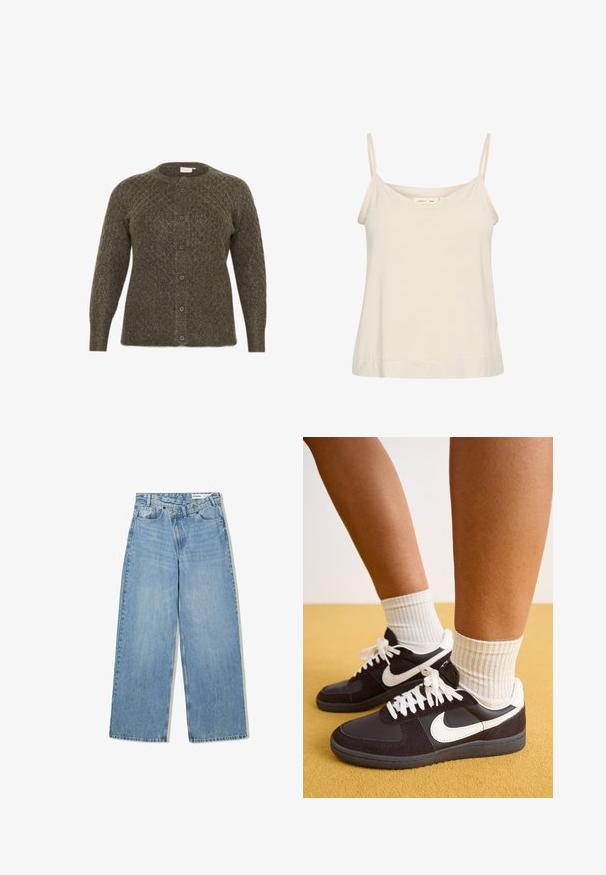 Olivgrüner gestrickter Cardigan mit Rautenmuster, Rundhalsausschnitt und Knöpfen vorne. Verfügt über lange Ärmel und eine strukturierte Oberfläche.; Helle beige Spaghettiträgershirt aus weichem Stoff, mit dünnen, verstellbaren Trägern und einem V-Ausschnitt sowie einer leicht lockeren Passform.; Hellblaue weite Jeans aus Denim, mit hoher Taille, fünf Taschen, Knopfverschluss und dezentem Verblassen für Textur.; Schwarz-weiße Nike-Sneaker mit Obermaterial aus Wildleder und Leder, weißen Schnürsenkeln, getragen mit gerippten cremefarbenen Socken, vor einem gelben Hintergrund.