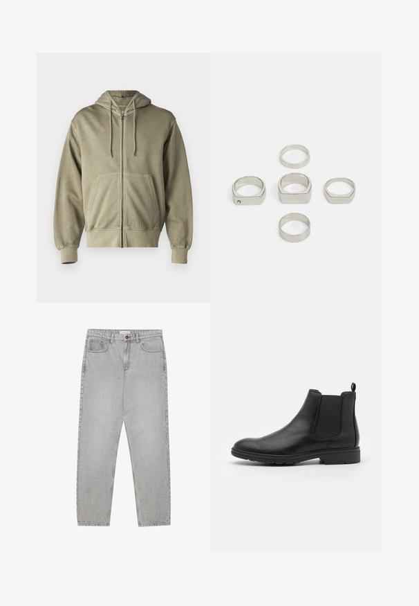 Svetlo olivnozeleni zip-up hoodie s kapuco na vrvico, sprednjimi žepi, rebrastimi manšetami in robom. Narejen iz mehkega, teksturiranega blaga.; Dve majice s kratkimi rokavi: ena enobarvna črna, druga bela z črnimi navpičnimi črtami. Obe imata gumbaste zapenke in klasičen ovratnik.; Svetlo sivi traper hlače s ravnim krojem, pet žepov in gumbom za zapiranje. Vidno šivanje ob šivih.; Črne usnjene čevlje Chelsea z elastičnimi stranskimi paneli in zanko, z zaobljenim nosom in teksturiranim gumijastim podplatom.; Set šestih kovinskih srebrnih prstanov v različnih oblikah, vključno z okroglimi in kvadratnimi, z gladkimi teksturami in minimalističnim dizajnom.