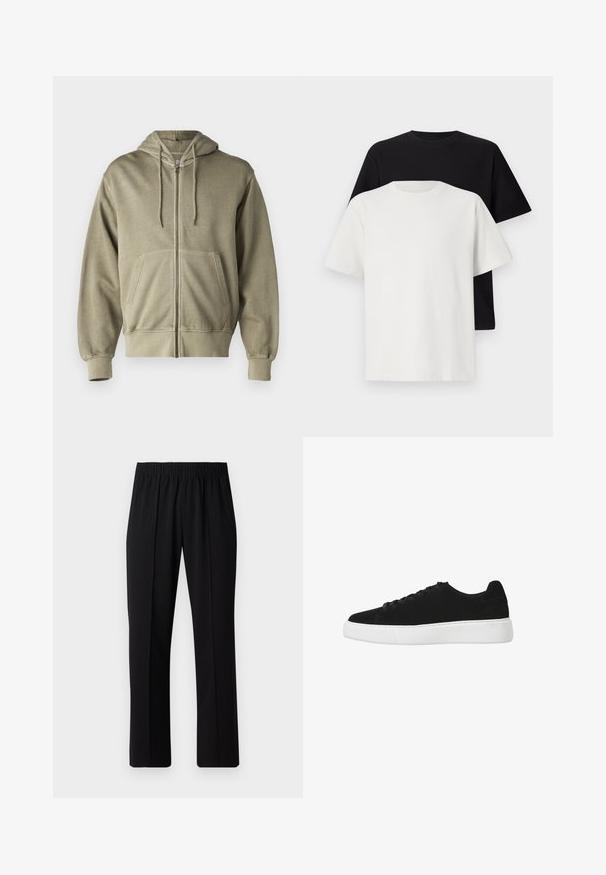 Világos olíva zöld zipzáros kapucnis pulóver, húzózsinórral, elülső zsebekkel, bordás mandzsettával és derékkal. Puha, texturált anyagból készült.; Pamut póló szett, amely egy fekete és egy fehér pólót tartalmaz, mindkettő rövid ujjú, környakú és normál fazonú. Texturált anyag.; Fekete, gumíros derekú nadrág egyenes szabással, sima felülettel, látható minták vagy fémrészek nélkül.; Fekete velúrbőr sneaker kerek orral, fűzős előlappal és fehér gumitalppal. Egyszerű dizájn minimális díszítéssel és sima felülettel.