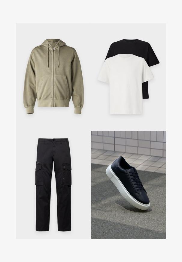 Gai olīvzaļš raidītājs ar kapuci, ar auklu ap kaklu, priekšējām kabatām, ribotām piedurknēm un apakšmalu. Izgatavots no mīksta, teksturēta auduma.; Kokvilnas T-kreklu komplekts, kas sastāv no melna un baltā T-krekla, abi ar īsām piedurknēm, apaļu kakla izgriezumu un standarta piegriezumu. Faktūras audums.; Melnas cargo bikses ar vairākiem kabatām, ar rāvējslēdzēju kabatu uz augšstilba, taisnu piegriezumu un izturīgu kokvilnas audumu ar vieglu spīdumu.; Melnas ādas kedas ar noapaļotu pirkstu un baltu gumijas zoli. Iespējas - plakanas šņorītes un minimāla apdare augšdaļā. Struktūrēta zole, lai nodrošinātu saķeri.