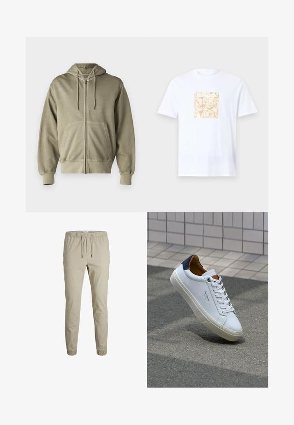 Svijetlo maslinasto zelena zip-up dukserica s kapuljačom na šnuru, prednjim džepovima, rebrastim manžetama i rubom. Napravljena od mekog, teksturiranog materijala.; Bijela pamučna majica s kratkim rukavima koja ima središnji kvadratni bež grafički uzorak s teksturiranim oblikom. Okrugli izrez na vratu.; Bež joggerice suženog kroja s elastičnom waistbandom, vezicom i manžetama na gležnjevima, napravljene od mekanog materijala. Karakteriziraju ih glatka tekstura i minimalistički dizajn.; Bijela kožna tenisica s mornarskom petom, okruglim vrhom i kontrastnim smešnim akcentima. Sadrži ravne vezice i teksturiranu gumenu potplat.