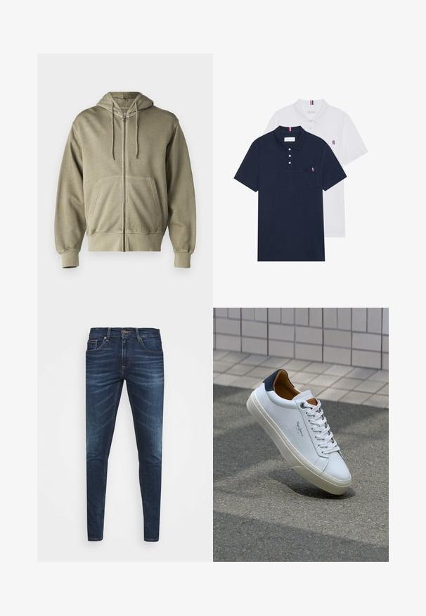 Svetlo olivnozeleni zip-up hoodie s kapuco na vrvico, sprednjimi žepi, rebrastimi manšetami in robom. Narejen iz mehkega, teksturiranega blaga.; Dve polo majice: ena mornarsko modra in ena bela, obe z majhnim rdečim, belim in modrim poudarjanjem na žepu in ovratniku.; Temno modri kavbojke ozkega kroja, s subtilnim bledenjem, petimi žepi in kovinskim zapiranjem na gumb. Oštrikanje z akcenti v kontrastni barvi.; Beli usnjeni čevelj s plavo peto, okrogelimi prsti in kontrastnimi rjavimi detajli. Ima ravne vezalke in teksturiran gumijast podplat.