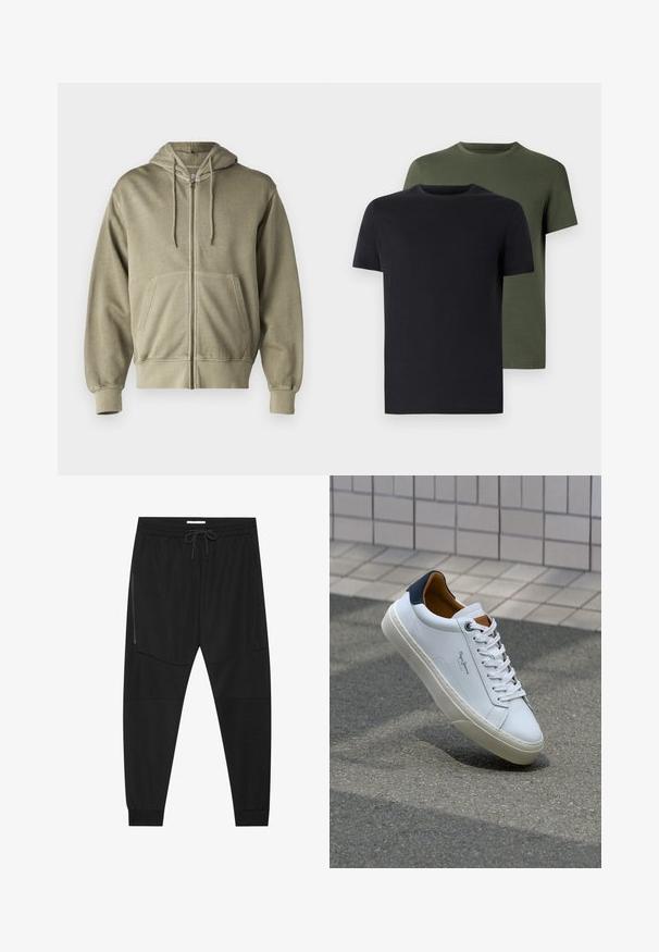 Light olive green zip-up hoodie with a drawstring hood, front pockets, ribbed cuffs, and hem. Made from soft, textured fabric.; Two crew-neck t-shirts in black and olive green, made of soft cotton fabric. The design is simple with short sleeves and a straight cut.; Black athletic pants made of textured fabric, featuring an adjustable waistband, zippered side pocket, and tapered cuffs.; White leather sneaker with a navy heel, round toe, and contrasting brown accents. Features flat laces and textured rubber sole.