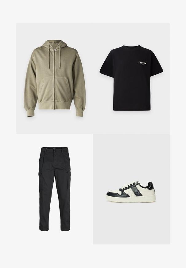 Svetlo olivnozeleni zip-up hoodie s kapuco na vrvico, sprednjimi žepi, rebrastimi manšetami in robom. Narejen iz mehkega, teksturiranega blaga.; Črna bombažna majica s krožno ovratnikom, kratkimi rokavi in majhnim belim logotipom na levem prsnem delu. Preprost dizajn, klasičen kroj.; Črne cargo hlače iz trdnega blaga, ki imajo več žepov, gumbasto zapiranje in ozek kroj z zožanimi nogami.; Usnjeni športni čevlji z črno in krem barvno shemo, ki vključujejo perforirane dodatke, podložen ovratnik in strukturirano podplat.