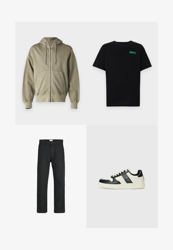 Svijetlo maslinasto zelena zip-up dukserica s kapuljačom na šnuru, prednjim džepovima, rebrastim manžetama i rubom. Napravljena od mekog, teksturiranog materijala.; Crna majica kratkih rukava od pamuka. Na prednjem dijelu se nalazi zeleni "ROOTS" logo, okrugli izrez i standardni kroj.; Crne hlače od izdržljivog materijala, s ravnim krojem, šivenim detaljima i dva prednja džepa za funkcionalnost.; Kožne tenisice s crno-bijelom paletom boja, koje imaju perforirane akcentne detalje, podstavljeni ovratnik i teksturiranu potplat.