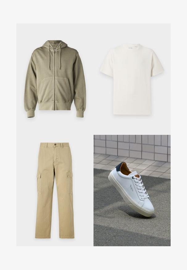 Felpa con zip di un leggero verde oliva, dotata di cappuccio con cordino, tasche frontali, polsini e orlo a costine. Realizzata in un morbido tessuto testurizzato.; T-shirt bianca a maniche corte in texture a coste. Girocollo, vestibilità rilassata, senza modelli o accenti visibili. Design semplice e versatile.; Pantaloni cargo beige in cotone, dotati di due tasche laterali, chiusura con bottone e gamba dritta con tessuto leggermente texture.; Sneaker bianca in pelle con tallone blu, punta rotonda e accenti marroni a contrasto. Presenta lacci piatti e suola in gomma testurizzata.